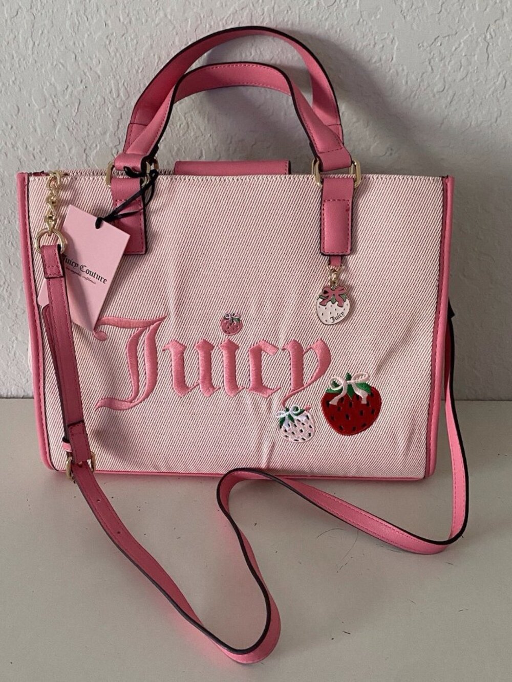 Juicy Couture Berry Sweet Tote Bag Pink #1 Strawberry With Charm Crossbody NEW